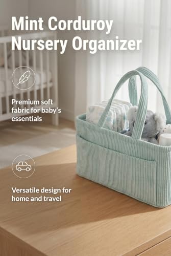 Diaper Caddy Organizer, Premium Mint Corduroy Nursery Storage Basket with Removable Dividers & Handles, Portable Organizer for Diapers, Essentials, Baby Registry & Shower Gift - Image 3