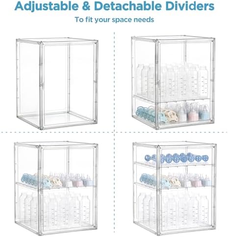HBlife Baby Bottle Storage Organizer for Countertop Cabinet, 3 Tiers Adjustable Clear Acrylic Bottles Storage Station Case Box Container with 2 Removable Dividers and Magnetic Door, XXL - Image 5