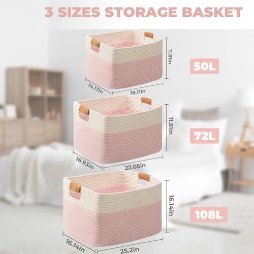 danpinera Large Woven Basket 25’’*16’’*16’’ Rectangle Woven Baskets for Storage, Storage for Living Room, Soft Cotton Rope Basket With Handle, Large Basket for Kids Dog Toys, 108L Pink+White - Image 2