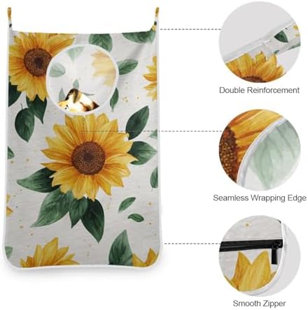 Door Hanging Laundry Hamper Bag with Free Adjustable Stainless Steel Hooks Dirty Clothes Hamper Extra Large Over the Door Laundry Hamper Yellow Sunflower 29.5X20inch 1 PCS - Image 3