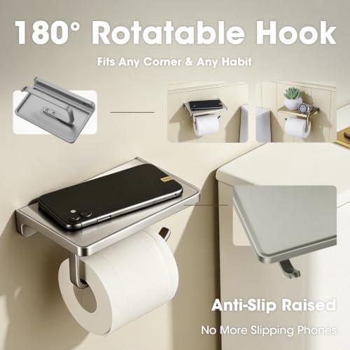 TRUSTMI Toilet Paper Holder with Shelf & Phone Stand, Brushed Nickel - Image 2