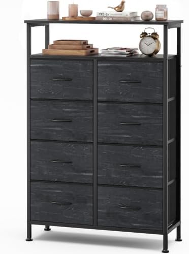 OLIXIS 8 Drawers Fabric Dresser, Tall Chest with Raised Shelf, Black Wood by OLIXIS