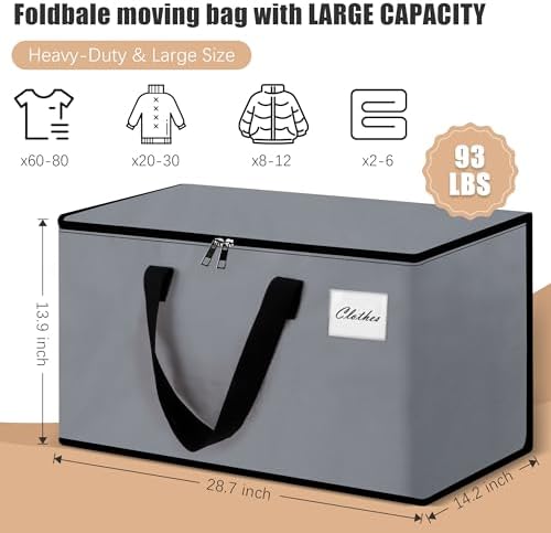 NATURELUX Heavy Duty Moving Bags - Extra Large Packing Bags and Storage Totes, Collapsible and Foldable Option for Moving and Storage, Grey, 93 L - 6 Pack - Image 2