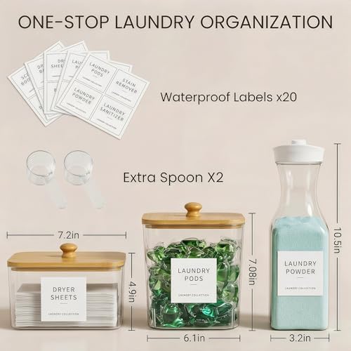3+2 Pack Laundry Pods Containers & Dryer Sheet Holder & Laundry Detergent Dispenser, Laundry Room Organization and Storage Jars with Lids, Labels and Scoops for Scent Booster, Powder, Pods - Image 3