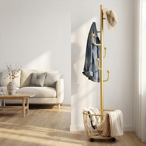 Gold Moveable Cactus Metal Coat Rack with Basket Freestanding 65inch - Image 4