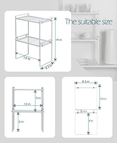 Shantton 2pk Kitchen Cabinet Shelf Counter Organizer Rack Pantry Storage Bathroom Bedroom Office Table Desk Space Saving Steel Frame Stackable Rust Resistant Non Slip White-Tall- L13in W8.3in H9.5in - Image 3