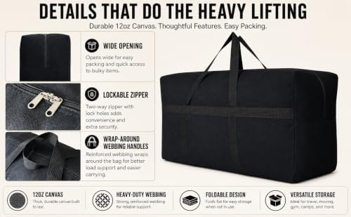 YiKitHom Extra Large Storage Canvas Duffle Bag with Zippers and Handles, Big Foldable Duffle Bag for Travel 80L - Image 4