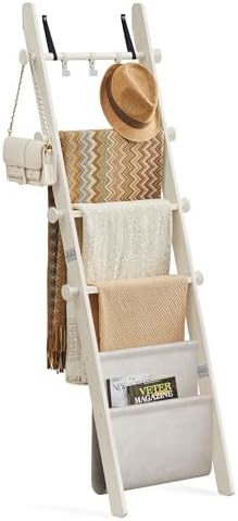 VASAGLE Blanket Ladder, 5-Tier Pine Wood Ladder Shelf with PU Leather Bag by VASAGLEbySONGMICSHOME