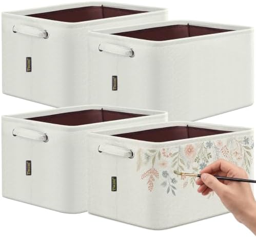 BALEINE 4 Pack Fabric Closet Storage Bins for Shelves, Linen Closet Organizers and Storage, Decorative Baskets for Organizing, Shelf, Clothes, Home, Office (White, 12"x8"x8") by BALEINE