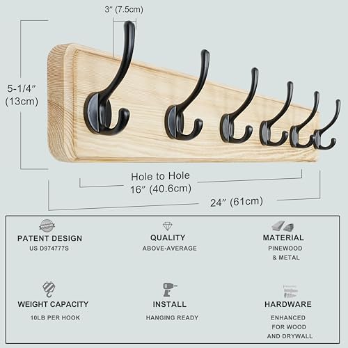 Dseap Coat Rack Wall: 24" Long, Patented, Heavy-Duty, 6-Double-Hooks Wooden Wall Mounted Coat Rack Coat Hanger Hook Rail for Winter Coats Hat Jacket Clothing, Light Brown, Pack of 2 - Image 5