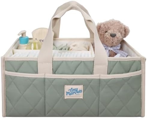 Diaper Storage Caddy – Nursery Basket with Removable Divider and Pockets by TinyMarvelsBaby