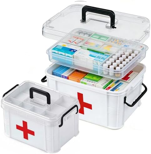 2 Pack Clear Medicine Organizer Box with Handle, Plastic Medicine Container with Tray First Aid Box Empty, Thickened Medicine Storage Organizer Multipurpose Medication Organizer Storage, White by ANYPROLUS