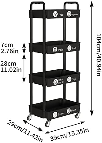 4 Tier Rolling Cart with Wheels, Utility Storage Carts,Black - Image 4