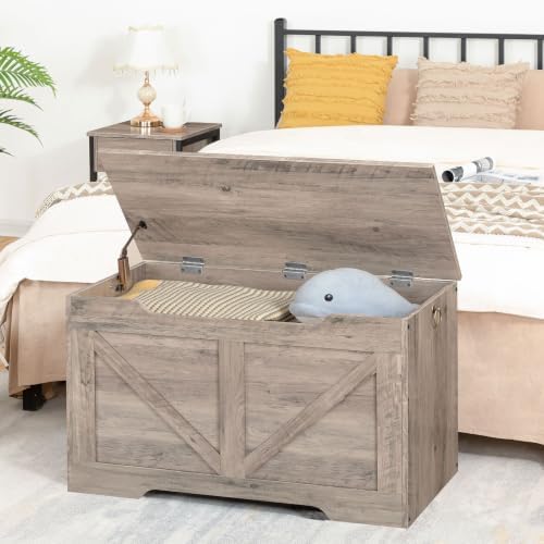 HOOBRO Storage Bench, 29.5” Retro Wooden Storage Chest with U-Shaped Cut-Out Pull, Safety Hinge, Supports 330 lb and Easy Assembly for Toy Box Organizer (Greige) BG77CW01G1 - Image 5