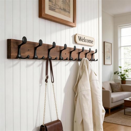 WEBI Coat Rack Wall Mount,43" Solid Wood Coat Hooks Wall Mounted Coat Hanger,16" Hole to Hole,Heavy Duty Hook Rack,8 Triple Hooks for Hanging Coats,Jacket,Hat,Backpack,Farmhouse,Brown - Image 2