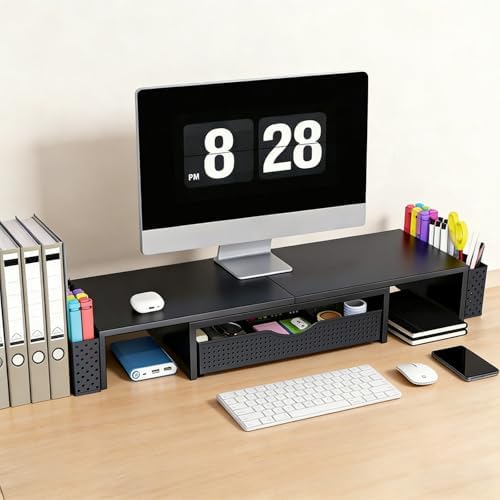 Spacrea Dual Monitor Stand Riser with Drawer and 2 Pen Holders - Image 2