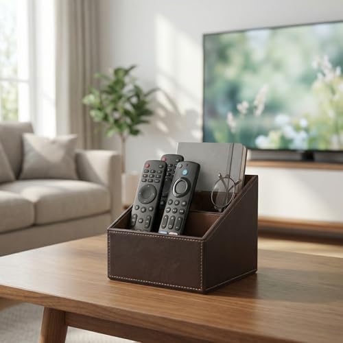 I-MART PU Leather Remote Control Holder Organizer with 3 Compartments, Stylish TV Remote Holder Caddy for Desk Nightstand Coffee Table and Media Accessory Storage (Brown) - Image 2