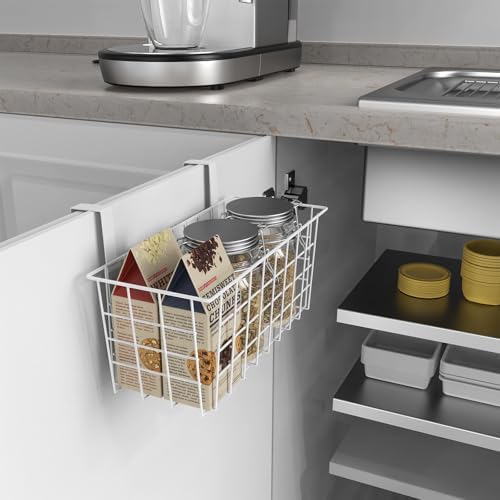 MaraFansie Basket with Hook, Grid Storage Basket, Over the Cabinet Door Organizer, Wire Hanging Basket with Hook Over the Railing, Under Sink Kitchen Cabinet, Pantry, Bathroom, White, 2 Pack - Image 4