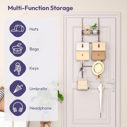 SWTYMIKI Over the Door Purse Organizer - Wall Mounted Handbag Organizer with 10 Hooks and Metal Basket, Hanging Purse Storage Rack Holds up to 10 Bags, Bag Rack Can Use As 1/2 Part, for Door, Closet - Image 3