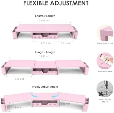 OPNICE Desk Organizers and Accessories, Dual Monitor Stand Riser with Drawer and 2 Pen Holders, Desk Shelf Computer Racks & Printer Stand for Office Workspace Organizers, Desktop Organization (Pink) - Image 3