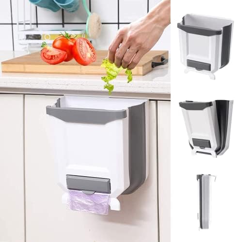 Hanging Kitchen Trash Can, Foldable Waste Bin for Kitchen, Collapsible Hang Small Plastic Garbage Can 2.4 Gallon for Cabinet/Car/Bedroom/Bathroom (White) by WDPUCHU