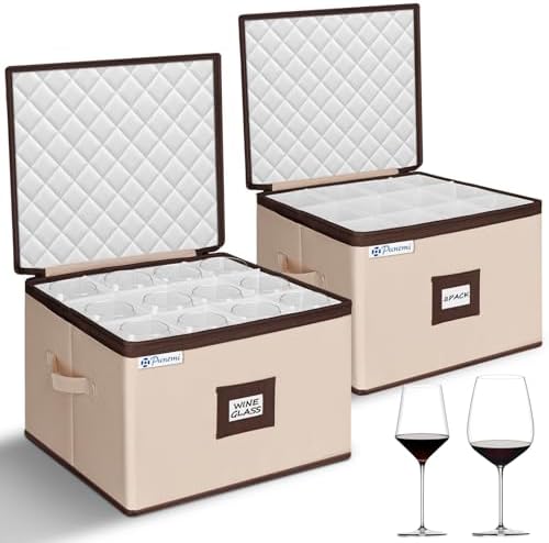 punemi Wine Glass Storage Box, 2-Pack Hard Shell Case with Padded Dividers by Punemi