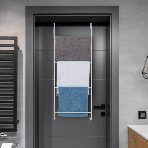MyGift 4 Tier White Metal Over the Door Towel Rack Bathroom Holder Ladder - Image 3