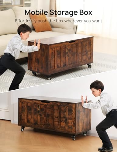 HYZ Storage Chest, 39.4'' Wooden Storage Bench with 4 Wheels & 2 Safety Hinges, Retro Toy Box Support 300 lbs for Bedroom, Living Room, Easy Assembly, Rustic Brown - Image 3