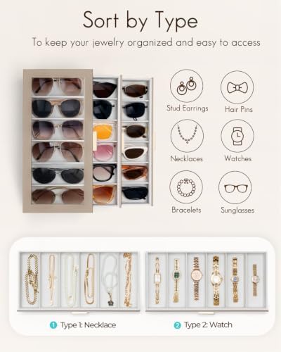 VLANDO 18-Slot Sunglasses Organizer Case with Clear Lid & 3 Drawers,Toffee - Image 4