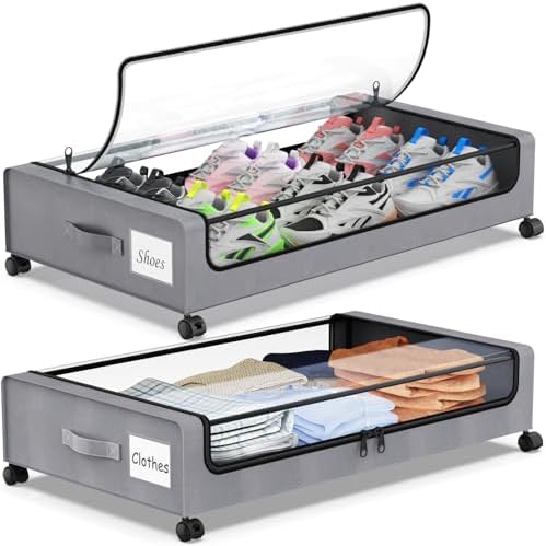 Molutsody Under Bed Storage with Wheels, 2-Pack Underbed Storage Containers with Clear Lids, Under Bed Shoe Storage Organizer Bins, Rolling Under Bed Storage for Clothes Shoes Blankets (Grey) by Molutsody