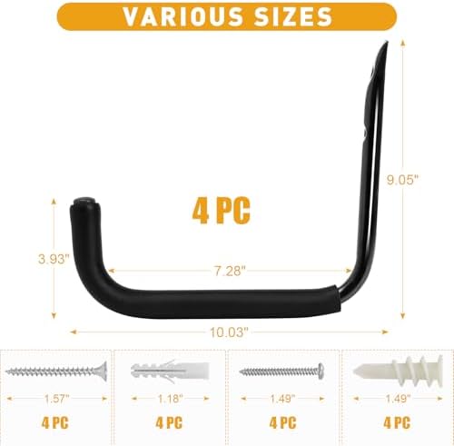 KURUI 10" Garage Organization Wall Hooks, 66 LB Heavy Duty Water Hose Holder for Hanging Ladder Extension Cord Garden Tool Cable, 4 Pcs, Black - Image 7