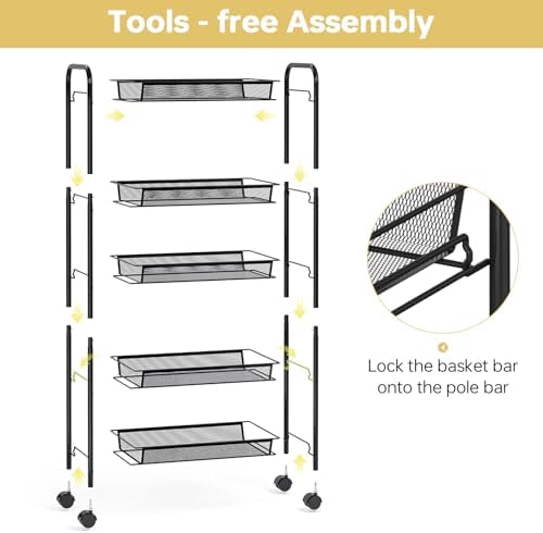 TOOLF 5 Tier Rolling Cart, Metal Utility Storage Cart with Wheels, Black - Image 3