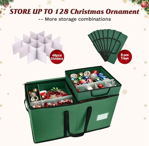 Christmas Ornament Storage Box, Ornament Storage Organizer Fits 128 of 3 inch Ornament Balls, 8 Removable Tray Ornaments Storage Containers with Dividers to Store Xmas Holiday Decor(Green) - Image 4