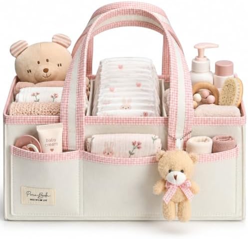 PeraBella Baby Diaper Caddy Organizer, XL Baby Basket Shower Gift Caddy, Portable Felt Changing Table Basket, Nursery Storage Bin, Newborn Boy and Girl Essentials for Registry, Car Diaper Organizer by PeraBella