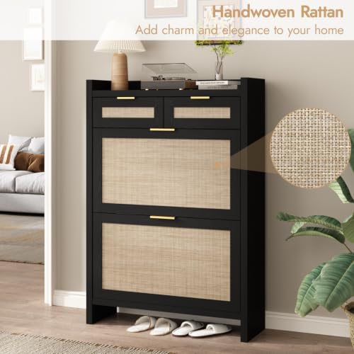 HOKYHOKY Rattan Shoe Storage Cabinet with 2 Drawers & 2 Flip Drawers - Image 7