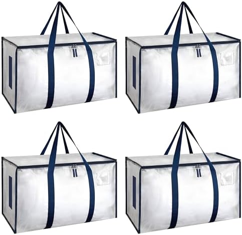 HealSmart 4 Pack Large Moving Bags with Zippers & Handles, Moving Supplies with lids, Heavy Duty Totes for Space Saving, Fold Flat, Moving and Storing, Clear by HealSmart