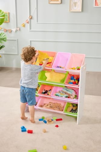 Amazon Basics Kids Toy Storage Organizer with 12 Plastic Bins, White Wood with Pink Bins, for Bedroom and Playroom, 33.85"D x 12.79"W x 35.42"H - Image 2