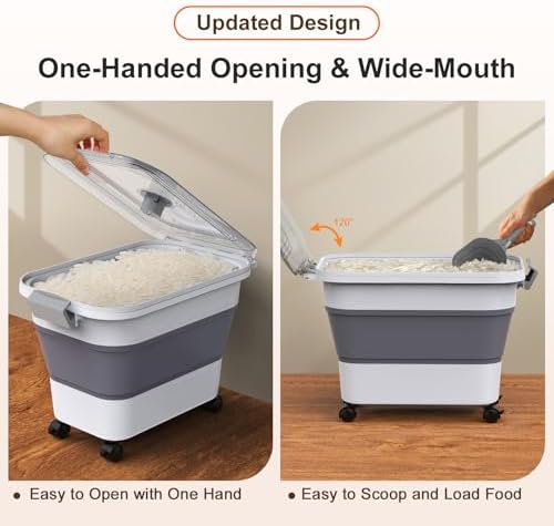 Rice Storage Container, Collapsible Airtight Food Storage Containers 20-30lbs with Clear Lid and Wheels, Rice Dispenser with Scoop for Flour Cereal Pasta Grain, Cat Pet Bird Dog Food Storage Container - Image 3