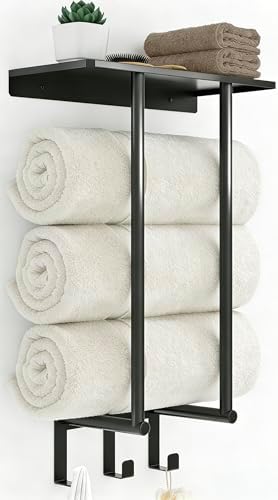 Bethom Towel Racks for Bathroom Wall, Black Small Towel Holder with Hooks by Bethom