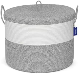 21" x 18" Extra Large storage baskets,Decorative blanket basket with lid for Living room,rope baskets with lid,wicker hamper for bedroom,Big,Round,White & Grey 115L by Echueuey