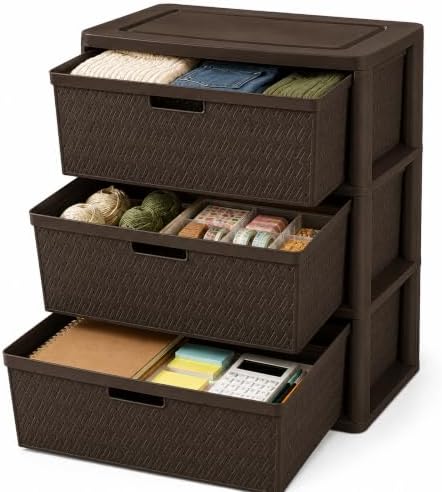 Wide 3-Drawer Plastic Storage Tower, Decorative Organizer Chest, Brown by Unknown