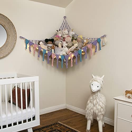 Abby Baby Extra Large Stuffed Animal Storage Hammock Corner with LED Lights – 25LB Capacity Hanging Toy Net for Small or Large Plushies, Boho Macrame Squishmallow, Plush Net, Purple - Image 3