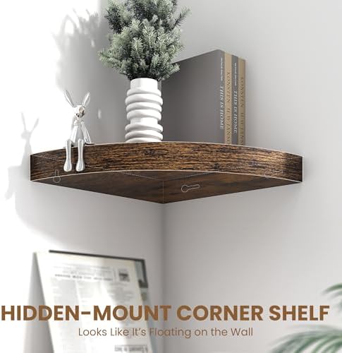 Fun Memories Floating Corner Shelves Set of 2 - Rustic Wood Wall Mounted Storage and Display Shelves for Living Room, Bedroom, Kitchen, Bathroom - Space Saving Home Decor, Brown - Image 4
