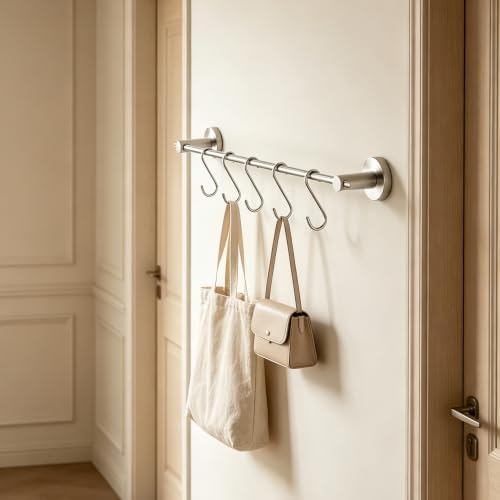 NEWRAIN Hanging Pot Rack 17.5 Inch Stainless Steel Wall Mounted Brushed Nickel Pot and Pan Hanger with Adjustable S Hooks, Rustproof Kitchen Utensil Rail for Organizing Pots, Pans, Lids,Mug & Towels - Image 4