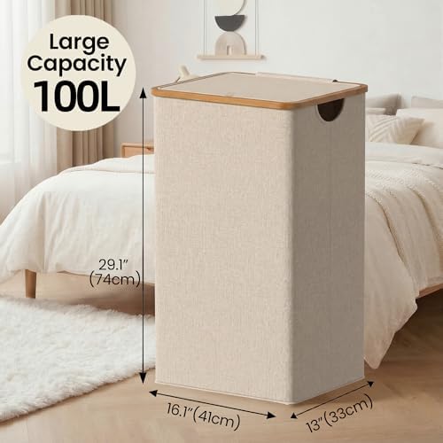 efluky Slim Laundry Hamper with Lid and Removable Bag, 100L Oat - Image 2