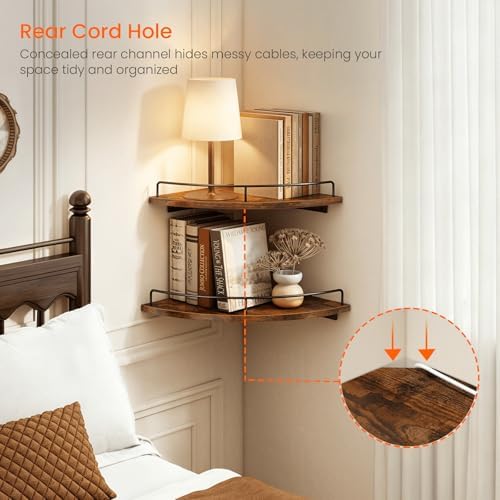 Homode Corner Shelf Wall Mounted Set of 3, Corner Floating Shelves 9/10/12 Inch Deep, Wood Round Corner Hanging Display Shelf with Guardrail for Bathroom Bedroom Kitchen Living Room, Rustic Brown - Image 5