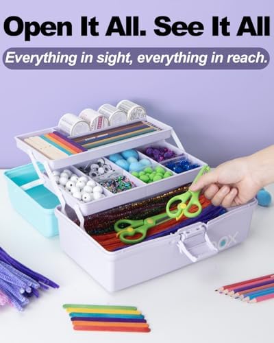 TERGOO 12in 3-Layer Plastic Craft Organizers and Storage, Portable Folding Tackle Box with Handle & Adjustable Dividers, Multipurpose Case for Sewing, Art Supplies, Medicine, Tools (Purple Blue) - Image 5