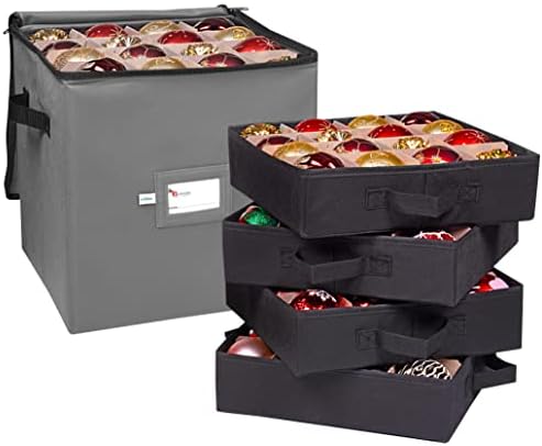 Christmas Ornament Storage Box, 4 Individual Trays Xmas Storage Container, Fits 64 Ornaments Decoration Balls, Constructed of Durable 600D Oxford Material (Gray) by Primode