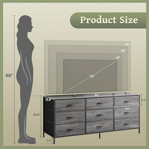 Huuger Long Dresser for Bedroom, 55 Inch TV Stand for 55, 60 Inch TV, Entertainment Center with Drawers, Large Storage Fabric 9 Drawer Dresser, Closet, Grey - Image 3