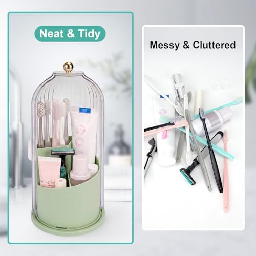 QIYVLOS Toothbrush Holders with Sliding Lid, Rotating 3 Slots Bathroom Organizer Countertop, Tooth Brush Toothpaste Holder Bathroom Counter Stand Sink Organizer Caddy for Makeup Brushes Holder (Green) - Image 4